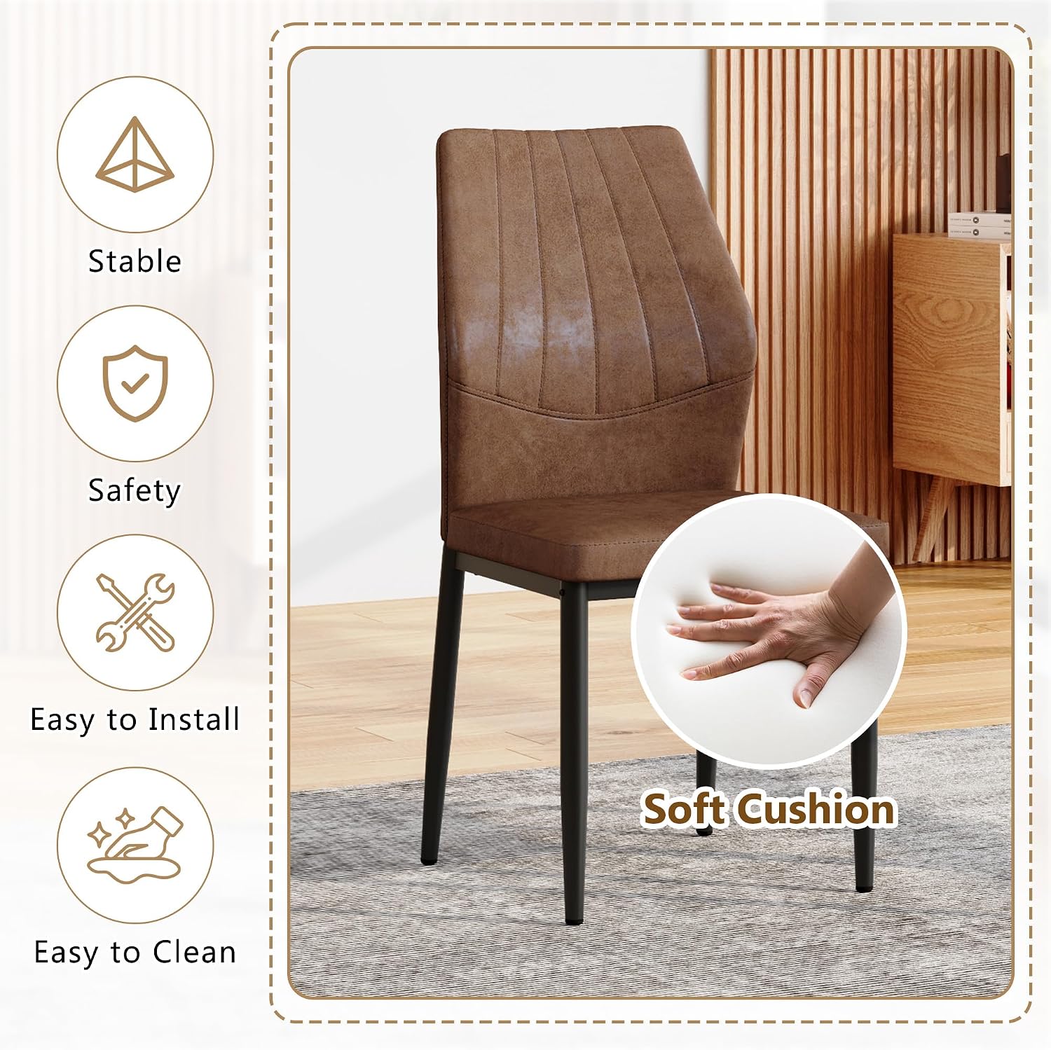 Brown Dining Chairs Set of 6,Rustic Kitchen Chairs for Dining Room | Rustic Farmhouse Upholstered, Soft Cushion and Black Metal Legs, Mid Century Modern, Easy to Assemble For Home Office