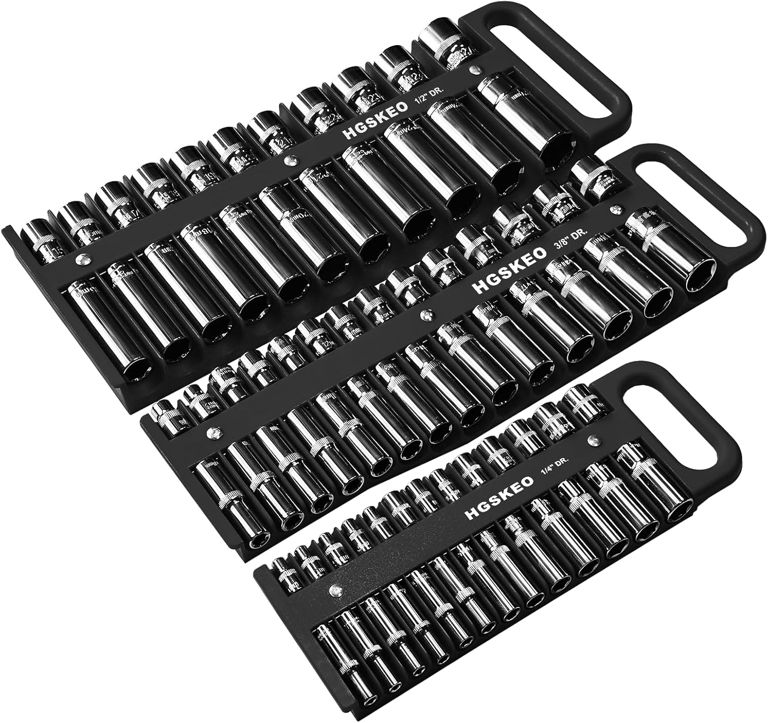 Magnetic Socket Holder Set with Handle, Portable Socket Organizer, Heavy Duty Socket Racks, 76 standard Sockets for Tool Box (Black, 3 Pcs Set-1/4", 3/8" & 1/2")