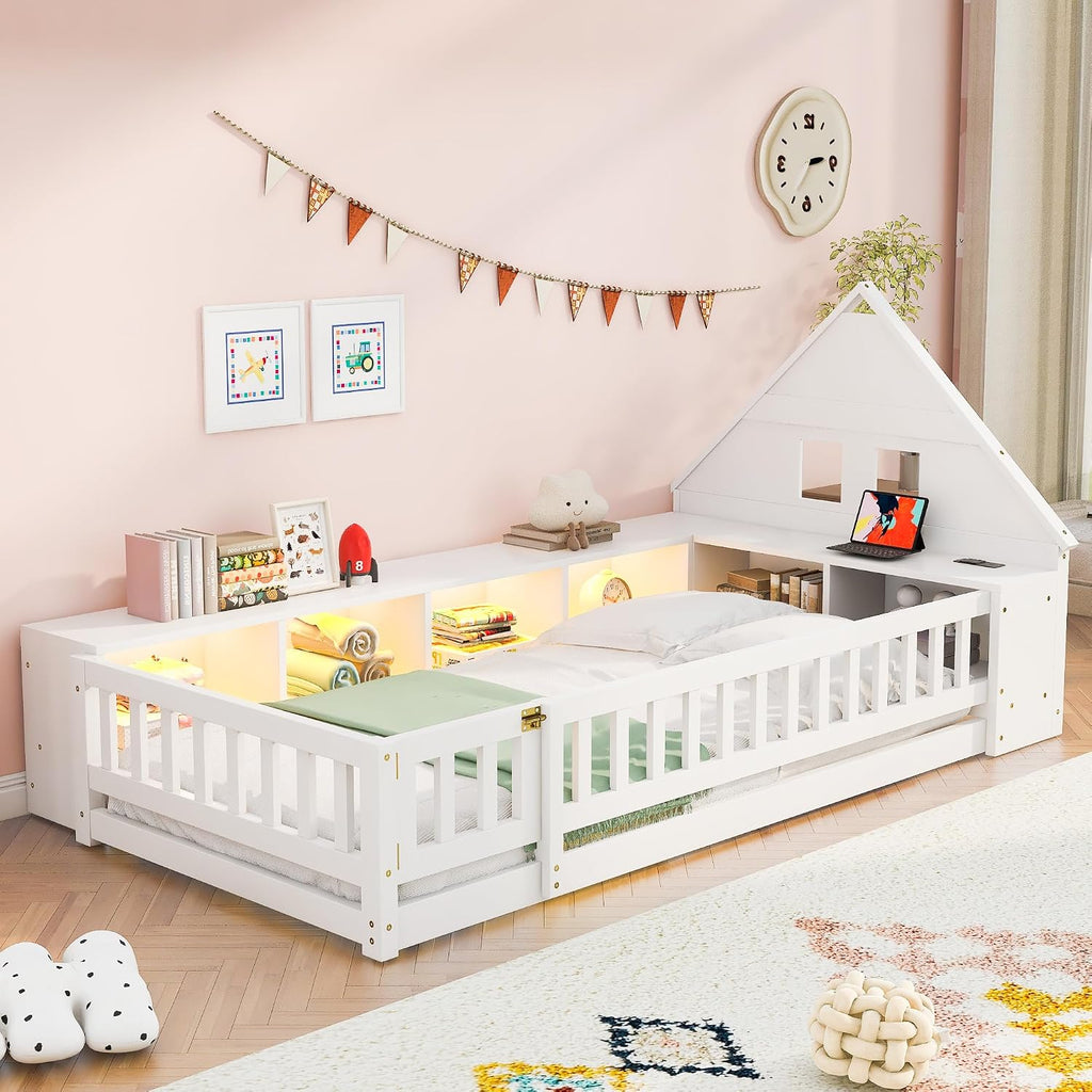 Twin Size Floor Bed with House-Shaped Headboard, Guardrail and Cabinet (White)