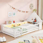Twin Size Floor Bed with House-Shaped Headboard, Guardrail and Cabinet (White)
