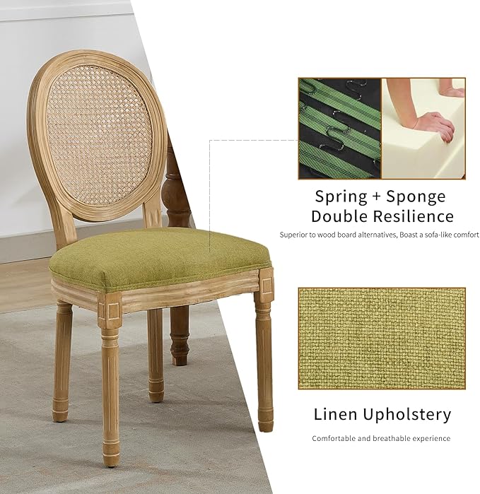 French Country Dining Chairs Set of 2, Olive Green Kitchen & Dining Room Chairs Set of 2, Rattan Dining Chairs, Cane Back, Wood Legs, Sillas De Comedor (Rattan, Olive Green, 2Pcs)