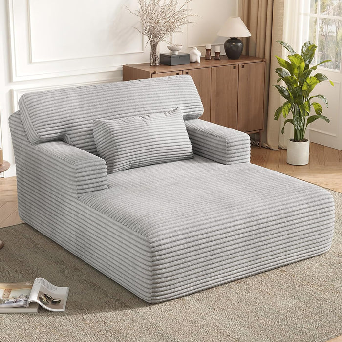 COPIAE Oversized Corduroy Chaise Lounge Chair, Plush Upholstered Sleeper Chair with Back & Throw Pillow for Living Room, No Assembly Required (Gray)