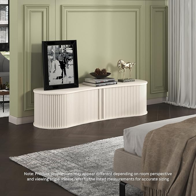 Fluted TV Stand with Storage Cabinet, 59″ Media Console with Sliding Tambour Door, Mid Century Modern Entertainment Center for Living Room, Oval Light Wood TV Stand for Bedroom, Off White