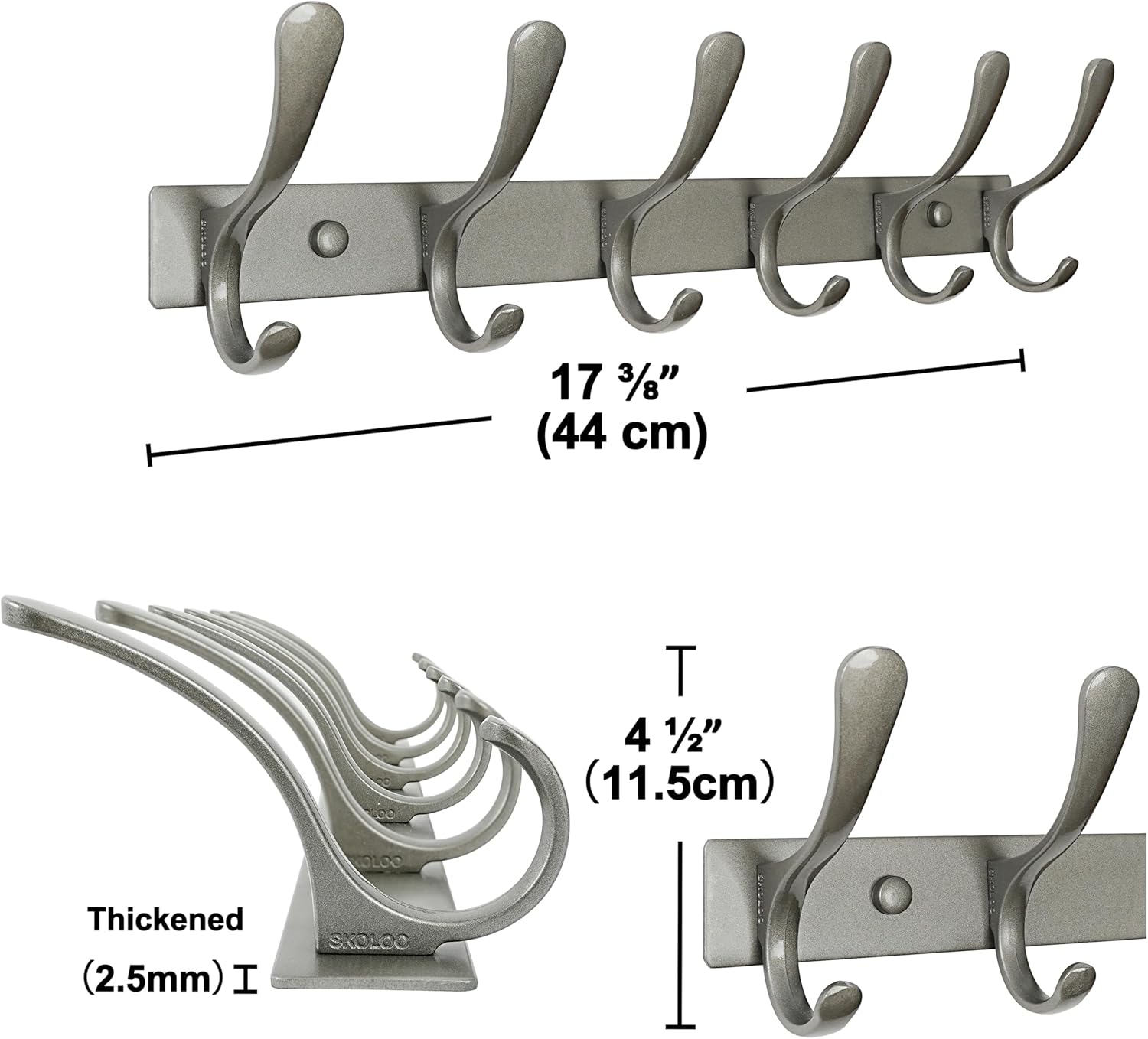 SKOLOO Coat Rack Wall Mounted - 6 Hooks, Pack of 2, Heavy Duty, Stainless Steel, Metal Wall Hanger, Sturdy Coat Hooks for Hanging Coats, Jacket, Clothes, Hat, Matte Grey