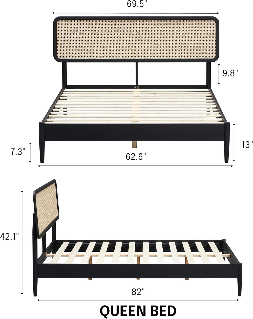 NTC Lupin Wooden Bed Frame with Headboard and Natural Rattan, Solid Oak Found...