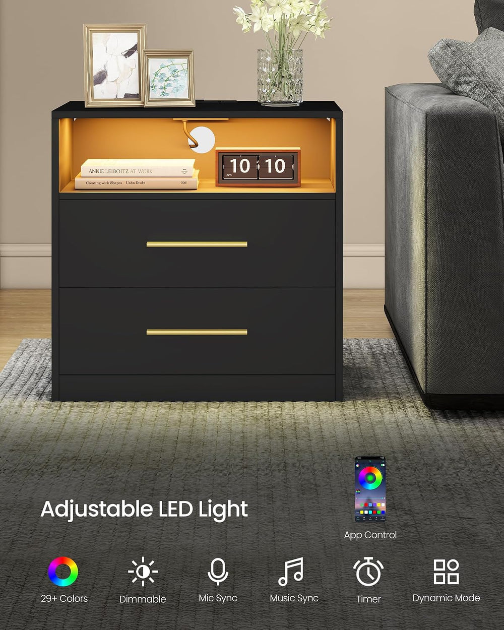 VASAGLE CUSTOS Collection Nightstand with Charging Station, 23.6 Inch | LED L...
