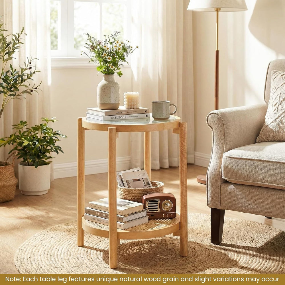 Giantex Rattan Round Side Table, 2-Tier Boho End Table w/Tempered Glass Top, ...