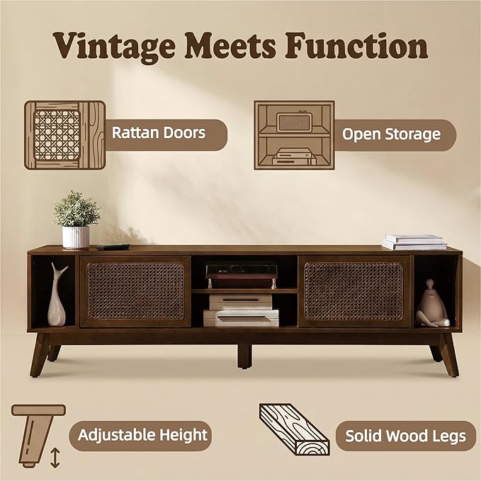 LKTART 68 Inch Mid Century Modern TV Stands with Rattan Doors,MCM Entertainment Center Media Console for 60/65/70/75 inch TVS,Long Boho Television Stand for Living Room, Dark Walnut