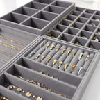 Velvet Jewelry Drawer Organizer Trays – Grey Stackable Jewelry Storage Inserts Set, 4-Layer Jewelry Tray Set for Earrings, Rings, Necklaces, Bracelets with Removable Dividers for Dresser & Vanity