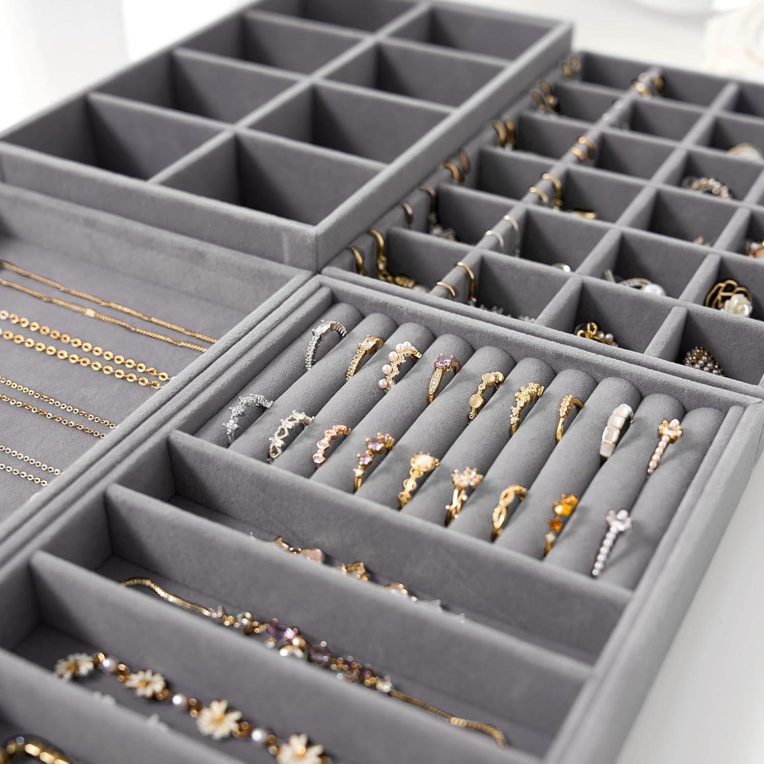 Velvet Jewelry Drawer Organizer Trays – Grey Stackable Jewelry Storage Inserts Set, 4-Layer Jewelry Tray Set for Earrings, Rings, Necklaces, Bracelets with Removable Dividers for Dresser & Vanity