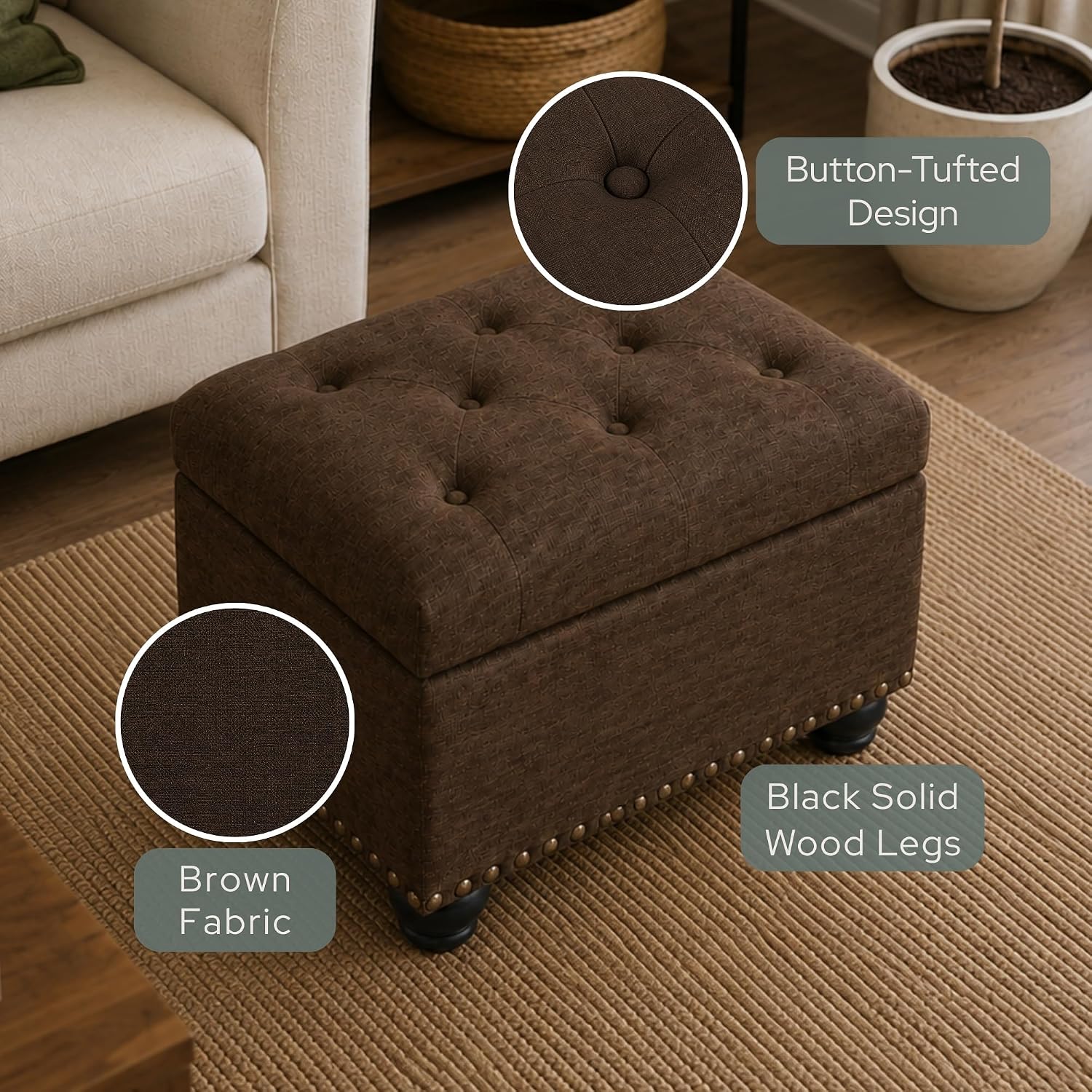 Convenience Concepts Designs4Comfort 5th Avenue Ottoman 24" - Modern Upholstered Footstool & Seat with Hinged Lid & Storage, for Living Room, Bedroom, & Entryway, Medium Brown Fabric