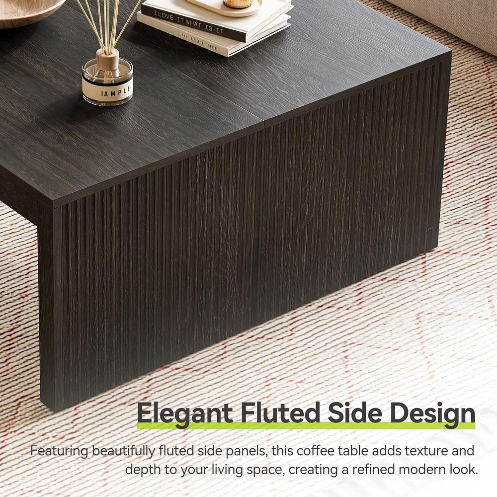 LITTLE TREE 39.4" Square Fluted Coffee Table, Mid-Century Modern Black C...