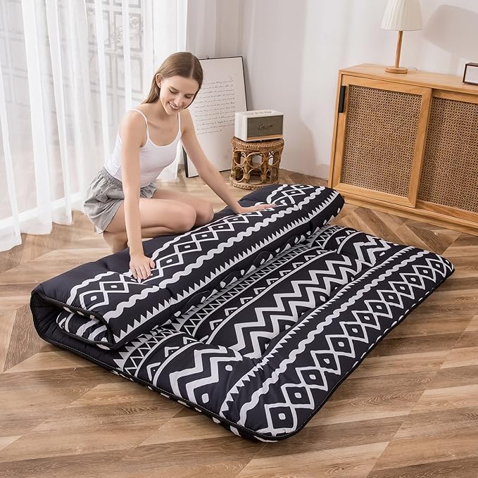 MAXYOYO Japanese Floor Mattress Futon Mattress, 4" Thicken Tatami Mat Sleeping Pad Foldable Roll Up Mat Boys Girls Dormitory Pad Kids Floor Lounger Pillow Bed, Charcoal Grey, Queen Size