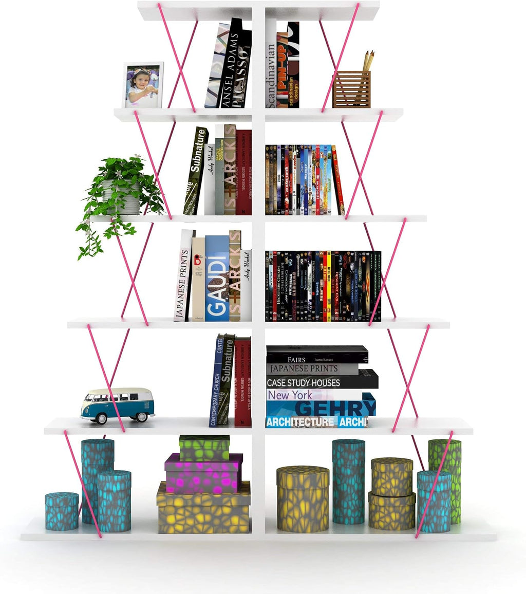 5 Tier Ladder Bookshelf Organizers, Narrow Bookshelf for Small Spaces Office Furniture Bookcase,White,Pink