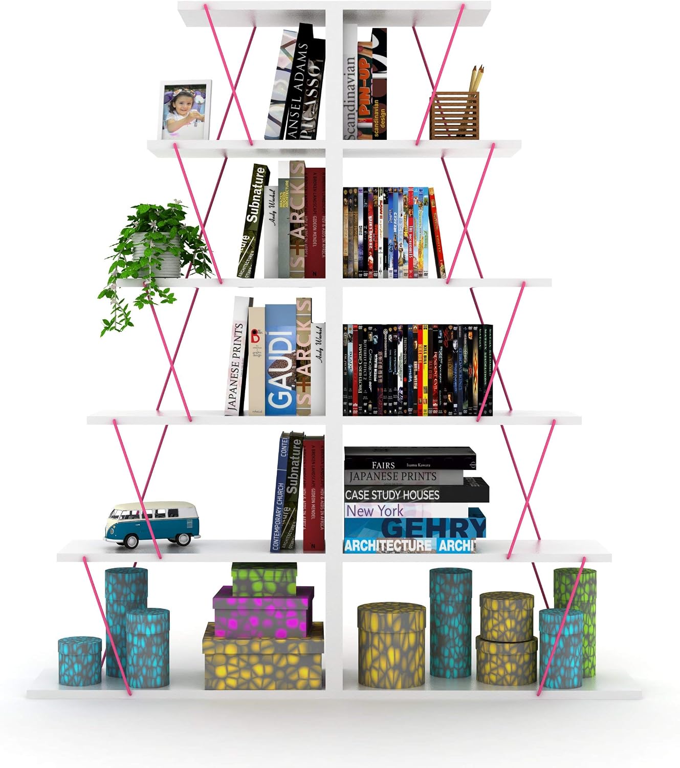 5 Tier Ladder Bookshelf Organizers, Narrow Bookshelf for Small Spaces Office Furniture Bookcase,White,Pink