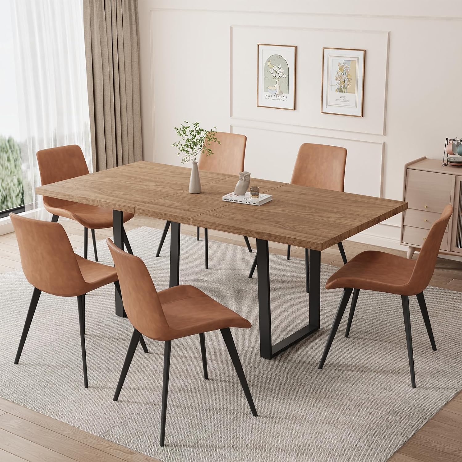 ZckyCine Mid-Century Extendable Dining Table Set, 51"-67", 6 Upholstered Chairs