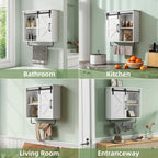 Bathroom Wall Cabinet Over Toilet Sliding Door 23x19 Inch Farmhouse Medicine Cabinet with Towel Bar Motion Sensor Light Adjustable Shelves White Above Toilet Storage for Laundry or Kitchen