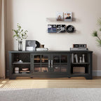 LINSY HOME TV Stand for 75 Inch TV, Modern Farmhouse Entertainment Center with Storage Cabinets and Glass Doors, Tall Media Console Table for Living Room, Bedroom, Large Long Television Stand, Black