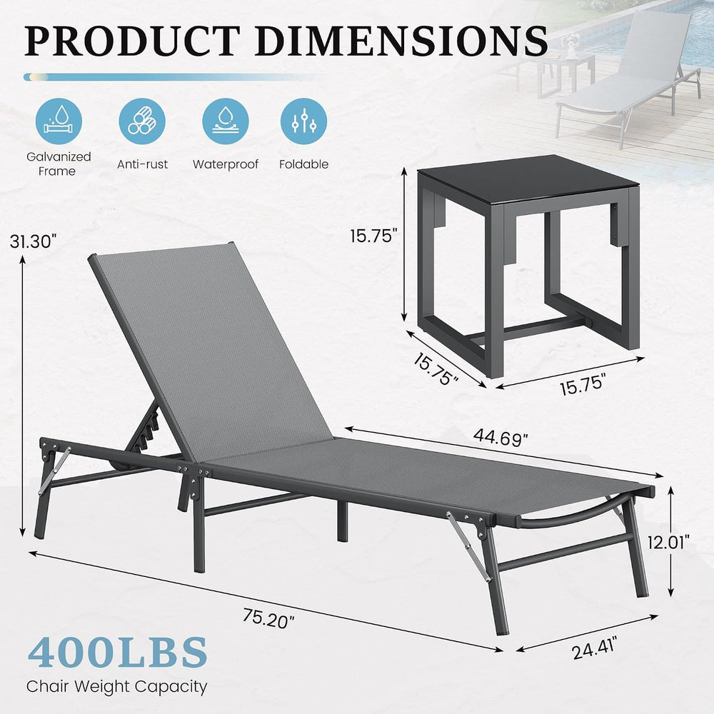 UDPATIO Foldable Patio Lounge Chair Sets with Side Table, No Assembly Outdoor...