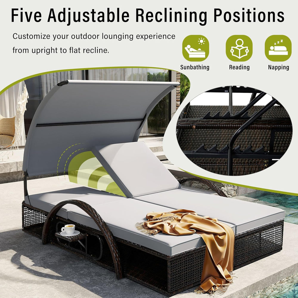 Outdoor Sun Lounger with Adjustable Backrest,Canopy, Patio Double Sunbed with...