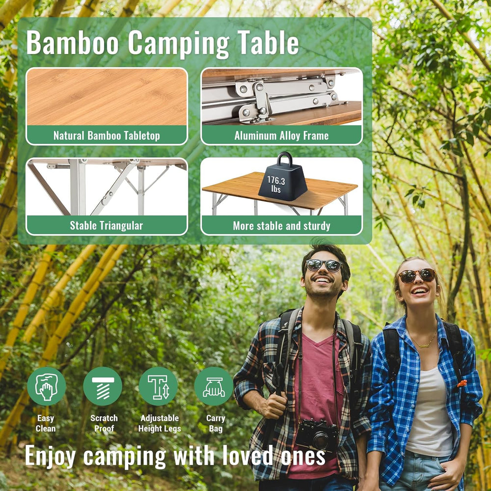 KingCamp Bamboo Folding Camping Table, 4-Fold Adjustable Outdoor Table | Port...