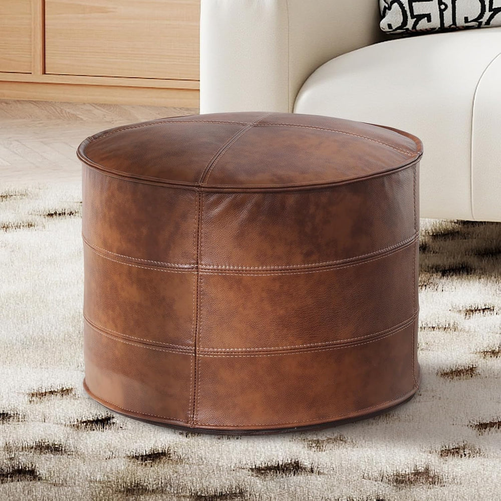 Couchus Genuine Leather Ottoman, Square Pouf Footstool (Round, Brown) | Moder...
