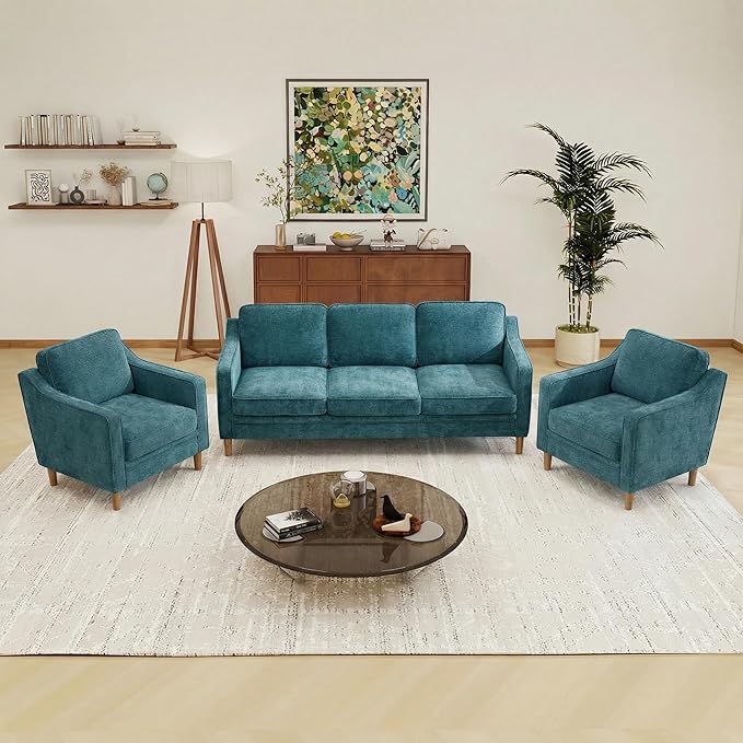 Kingfun Living Room Furniture Sets, 3 Seater Couch and 2 Armchair, Mid Century Modern Sofa Set, Chenille Couch with Solid Wood Frame for Living Room & Bedroom, Water Green