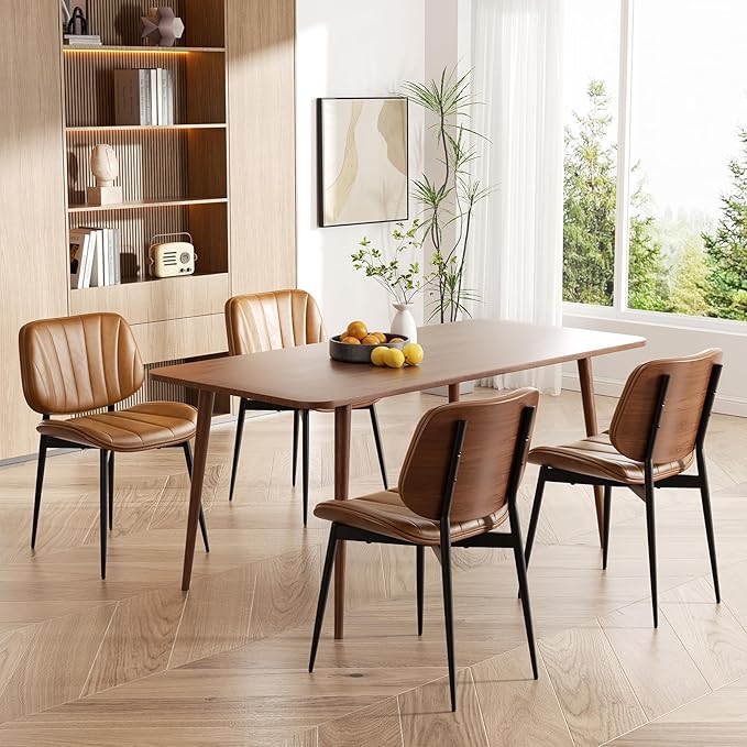 Dining Chairs Set of 4, Mid Century Modern Dining Room Chairs, Upholstered Faux Leather Kitchen Chairs with Walnut Bentwood Back and Metal Legs, Brown