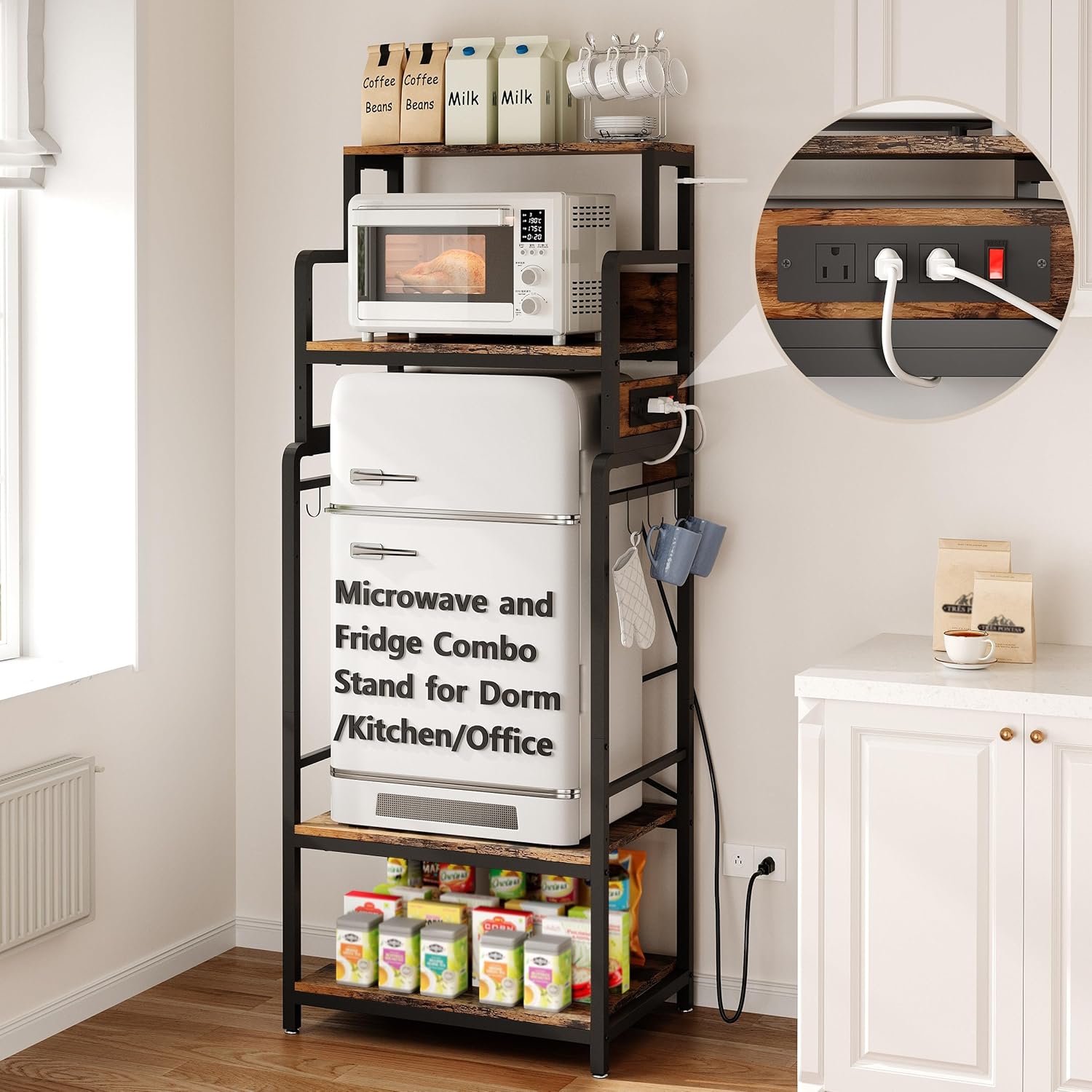 MAJALiS Mini Fridge Microwave Combo Stand Cabinet Shelf with Storage Space | Coffee Bar to go over Small Refrigerator with Power Outlet, Metal Bakers Rack Minifridge Organizer Station for Dorm, Office