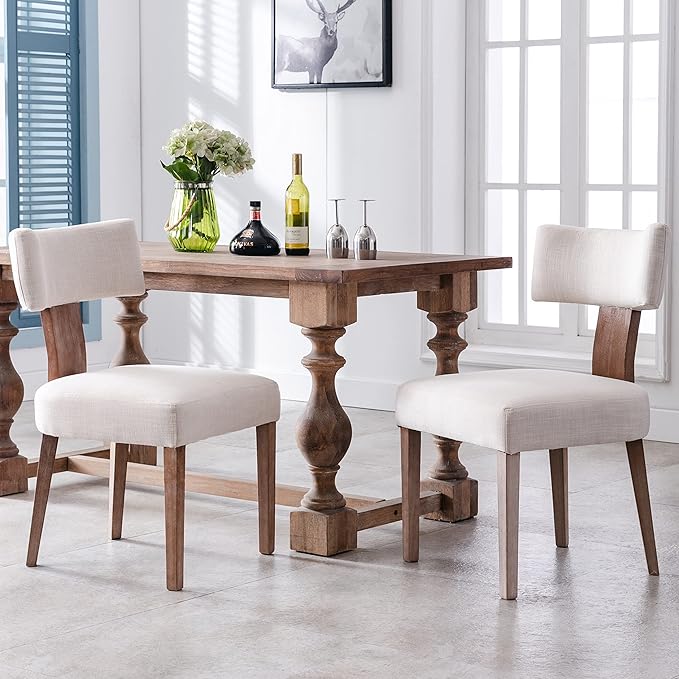 Mid Century Modern Dining Chairs Set of 2 Upholstered Linen Fabric Dining Chairs Curved Backrest Farmhouse Dining Room Chairs Kitchen Chairs with Wood Legs, Beige