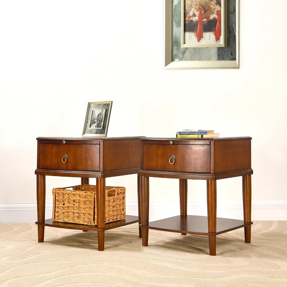 LEEMTORIG Set of 2 Large Cherry Wood Side Table with Pullable Desktop, 2-Tier...