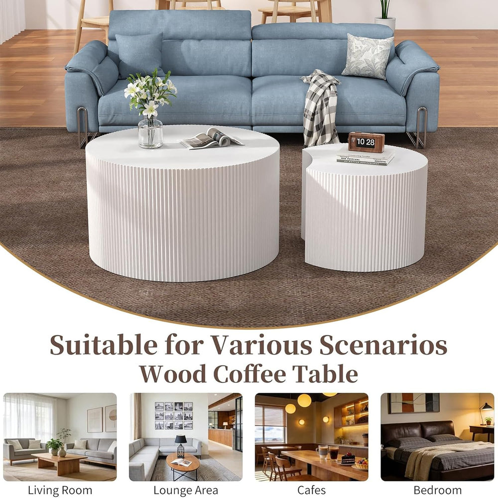 Fluted Round Nesting Coffee Table Set of 2 (AL) | Mid Century Minimalist Circ...