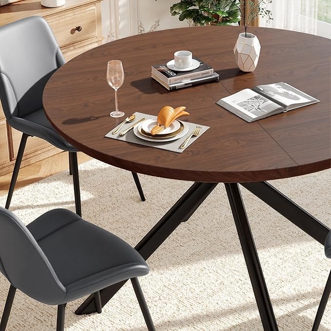 47.2" 5-Piece Round Dining Table Set for 4, Modern Wood Dining Table with 4 Upholstered Chairs, Kitchen & Dining Room Table Set with Metal Base for Apartment, Small Space, Walnut Table+4 Grey Chairs