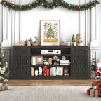 75" Farmhouse TV Stand with Power Outlets for 85 Inch TVs, 33" Tall Entertainment Center with Storage Cabinets w/Adjustable Shelves, Rustic Large TV Media Console, Black