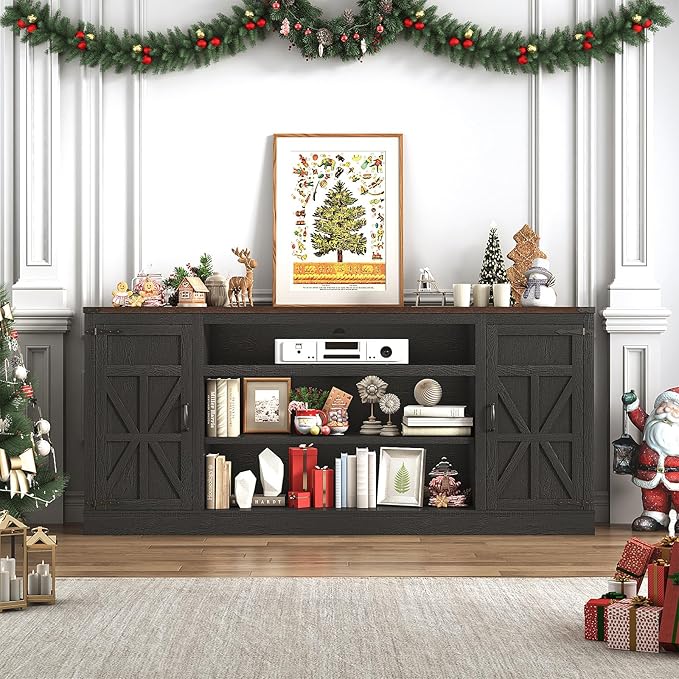 75" Farmhouse TV Stand with Power Outlets for 85 Inch TVs, 33" Tall Entertainment Center with Storage Cabinets w/Adjustable Shelves, Rustic Large TV Media Console, Black