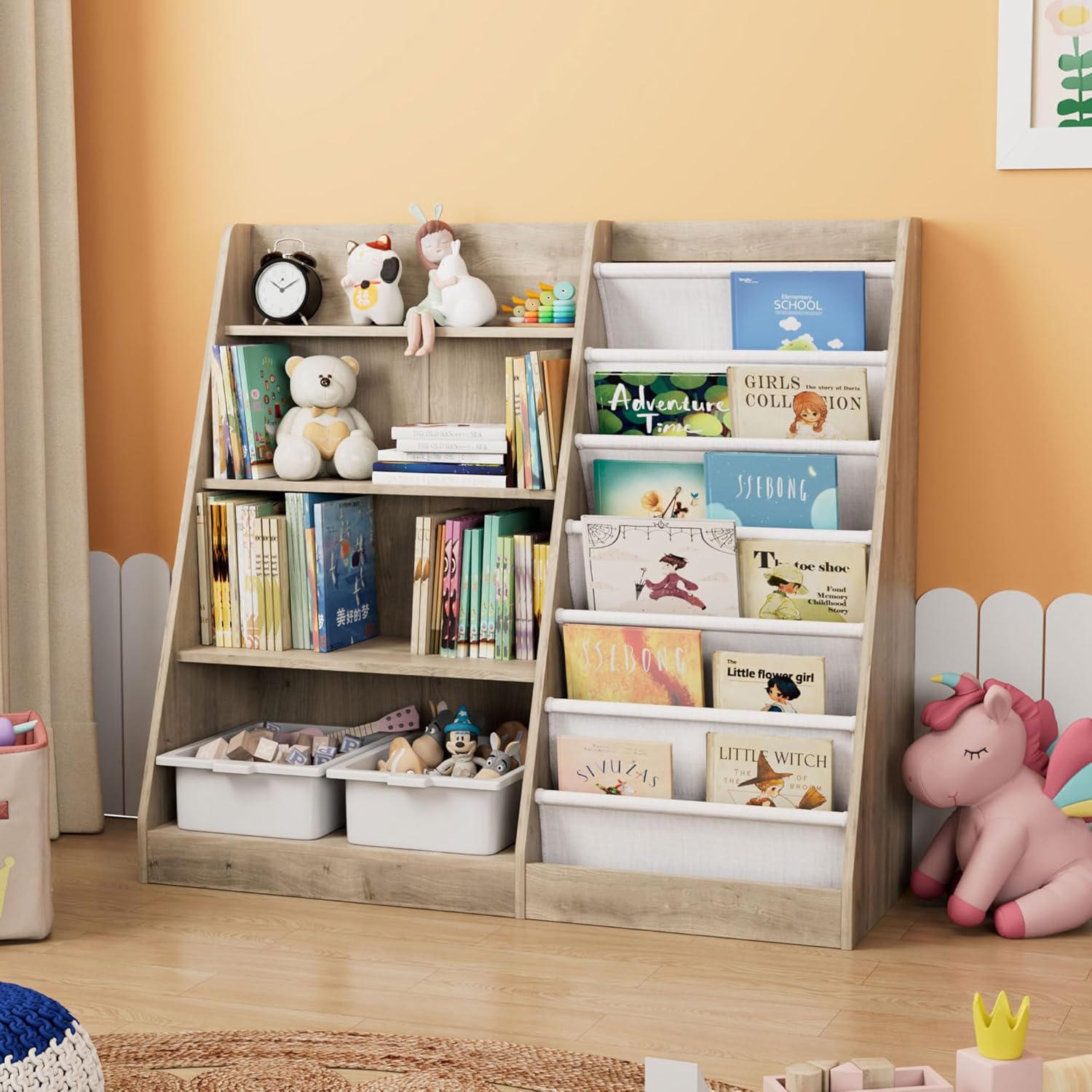 Kids Bookshelf Wood Toy Storage Organizer Cabinet Children Bookcase Toddler Baby Sling Book Rack Adjustable Shelf for Playroom Bedroom Nursery Hallway School Kindergarten