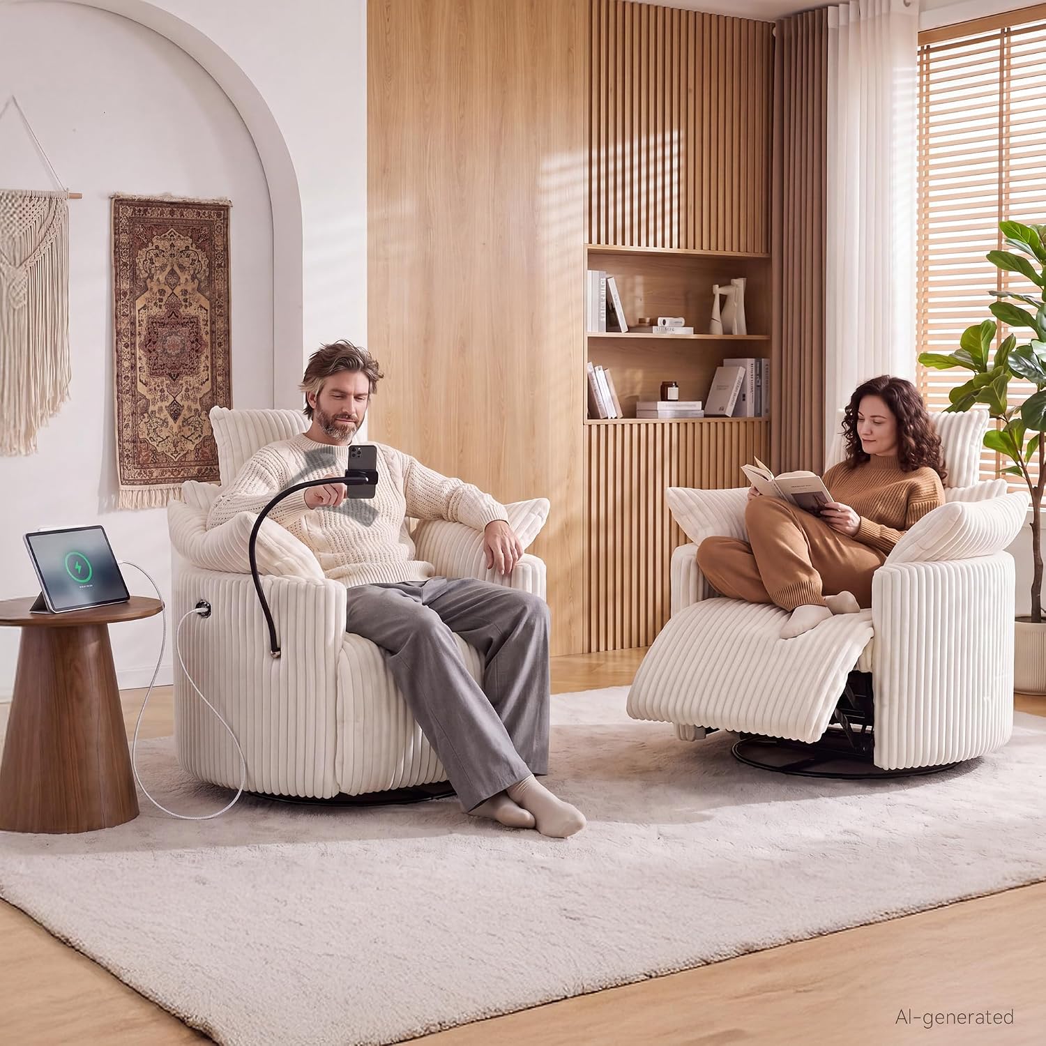 FOXHUNTER Power Nursery Rocking Chairs 300°Swivel Corduroy, White | 30° Rocking Mode, Glider Rocking Recliner With USB Port, Phone Holder,2 Cushions, Adjustable Headrest,for Living Room