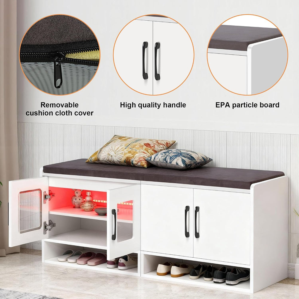 Shoe Bench with Thickened Cushion,Entrance Bench with Glass Door and Ambient ...