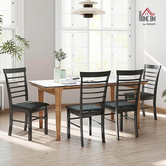 HOMCOM Wooden Dining Chairs Set of 4, Farmhouse Upholstered Kitchen Chairs with Rubber Wood Frame for Living Room, Dining Room, Black and Gray