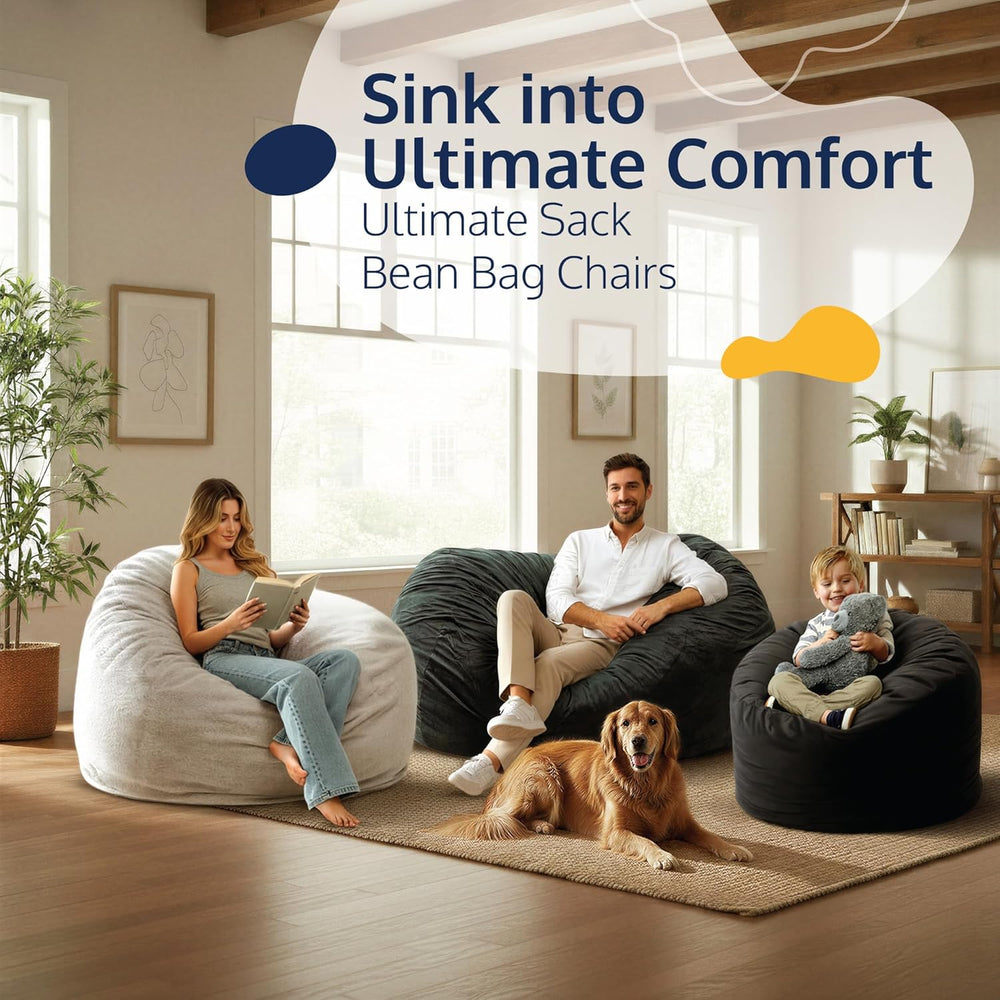 ULTIMATE SACK | 5 Ft Bean Bag Chair Replacement Cover Only | Black Fur | Remo...