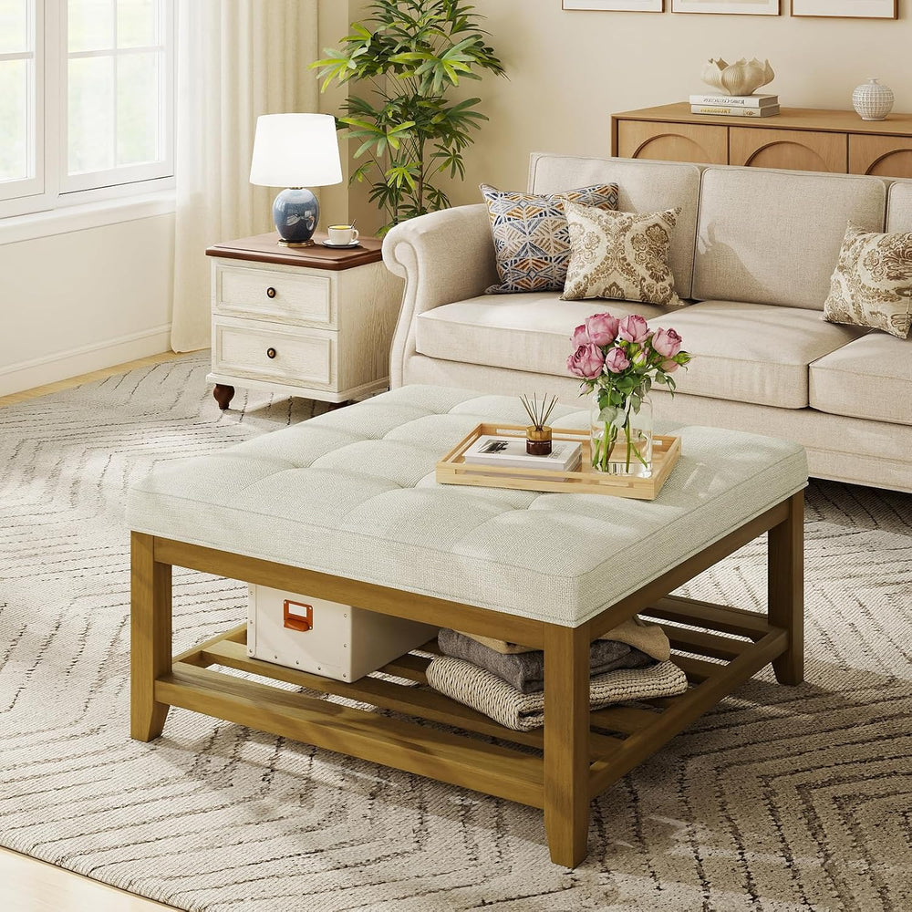 Befurtori Large Square Ottoman Coffee Table, Linen Solid Upholstered Footrest...