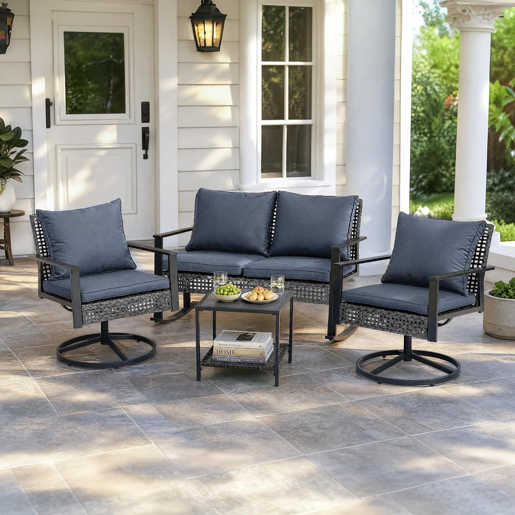 GDY 4-Piece Outdoor Patio Furniture Set, Includes 1-Woven Rattan Rocking Chair, 1-Table, & 2-Swivel Chairs, with Extra-Thick Cushions, for Gardens, Porches, Poolside, or Patio Lounge Spaces, Grey