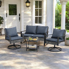 GDY 4-Piece Outdoor Patio Furniture Set, Includes 1-Woven Rattan Rocking Chair, 1-Table, & 2-Swivel Chairs, with Extra-Thick Cushions, for Gardens, Porches, Poolside, or Patio Lounge Spaces, Grey
