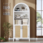 IDEALHOUSE Arched Kitchen Pantry Cabinet with Doors, 5 Tiers Open Boho Display Shelf with Rattan Decor, Farmhouse Storage Cabinet for Dining Room, Living Room, Bathroom, Home Office, White