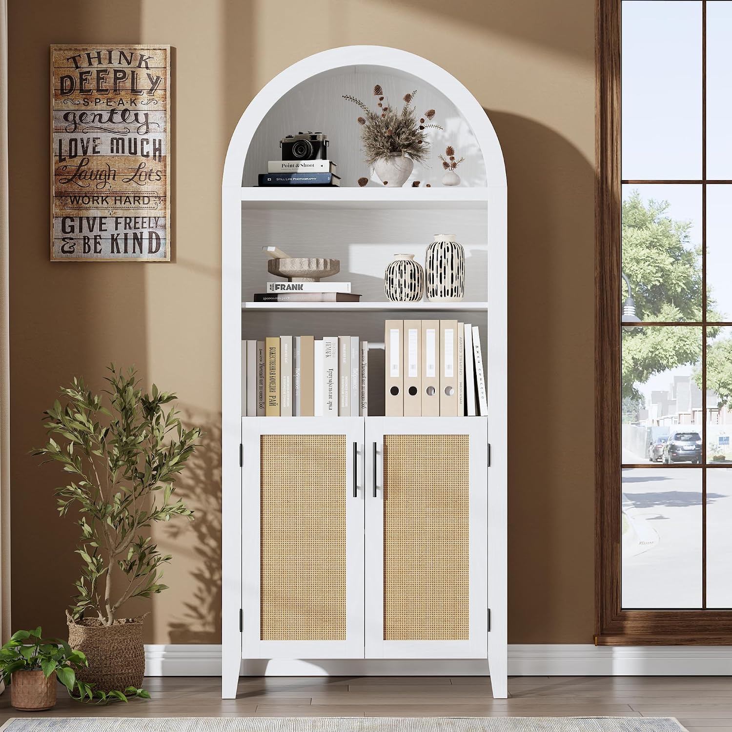 IDEALHOUSE Arched Kitchen Pantry Cabinet with Doors, 5 Tiers Open Boho Display Shelf with Rattan Decor, Farmhouse Storage Cabinet for Dining Room, Living Room, Bathroom, Home Office, White
