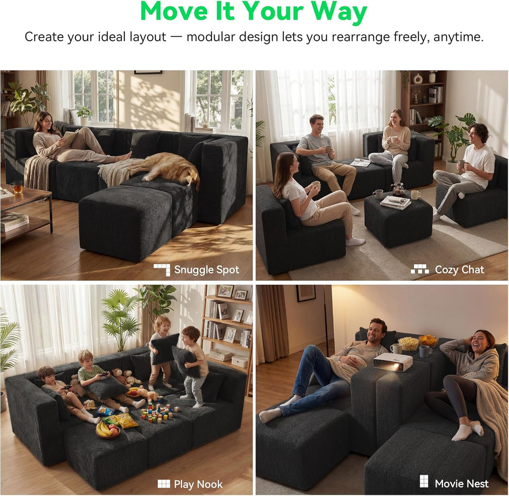 MONVANE U Shaped Boneless Sectional Couch Oversized, Chenille, Black | 6-Seat Sectional Couch for Living Room, Modular Cloud Sofa with Ottoman & 6 Throw Pillows, No Assembly Required
