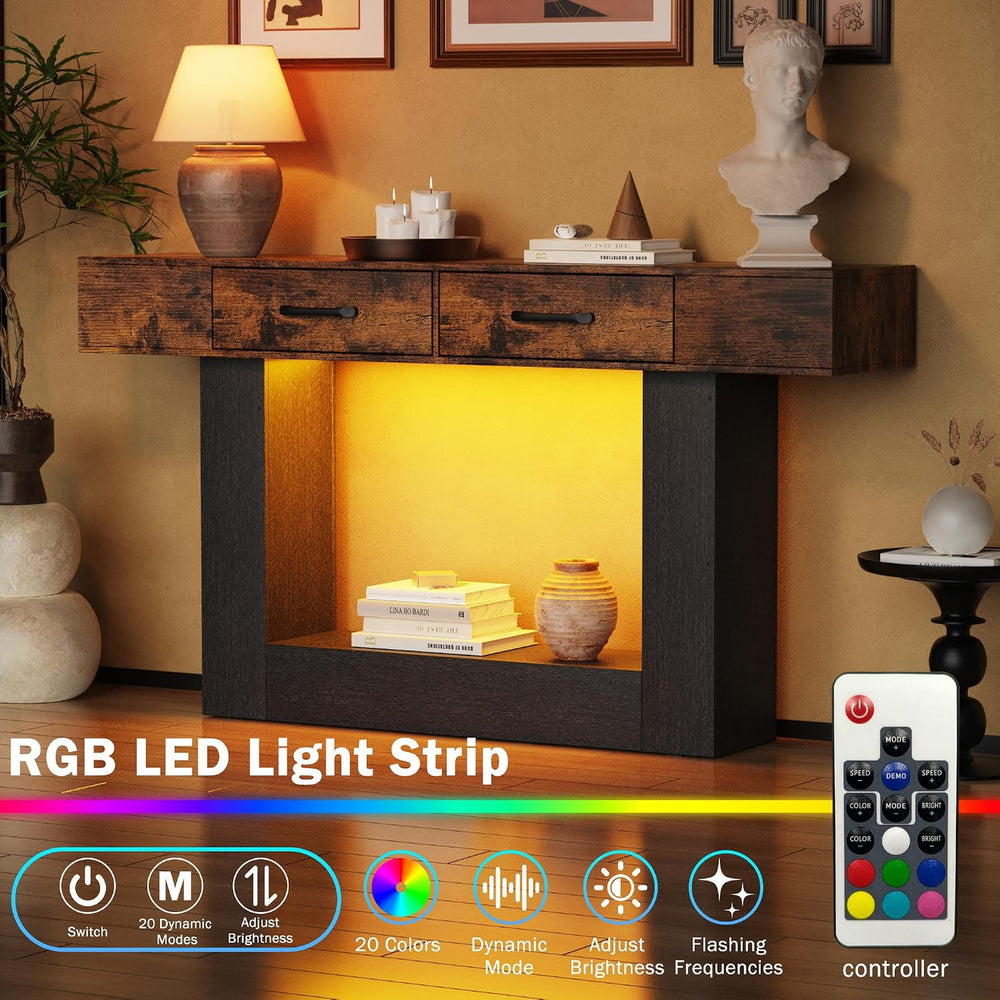 63" Long Console Table with LED Lights & Charging Station,2-Tier Ent...