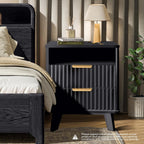 Fluted Nightstand - 24" Modern Bedside Table w/ 2 Drawers, Wood Bed Side End Table with Open Shelf, Night Stand with Storage Drawer, Curved Design Night Stands for Bedroom Living Room (Black)