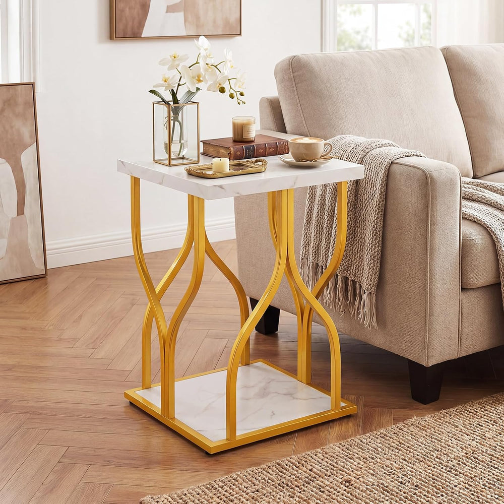 Giantex 2-Tier End Table, Faux Marble Bedside Night Stand with Storage Shelf ...