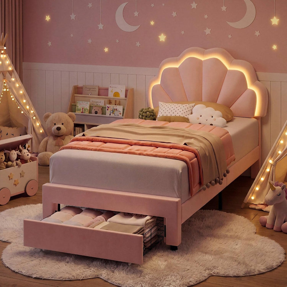 Girls Twin Upholstered LED Bed Frame with Petal Headboard & Storage, Pink